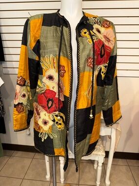 J A Resort Embroidered Patchwork Long Jacket - Mustard, Olive, Black